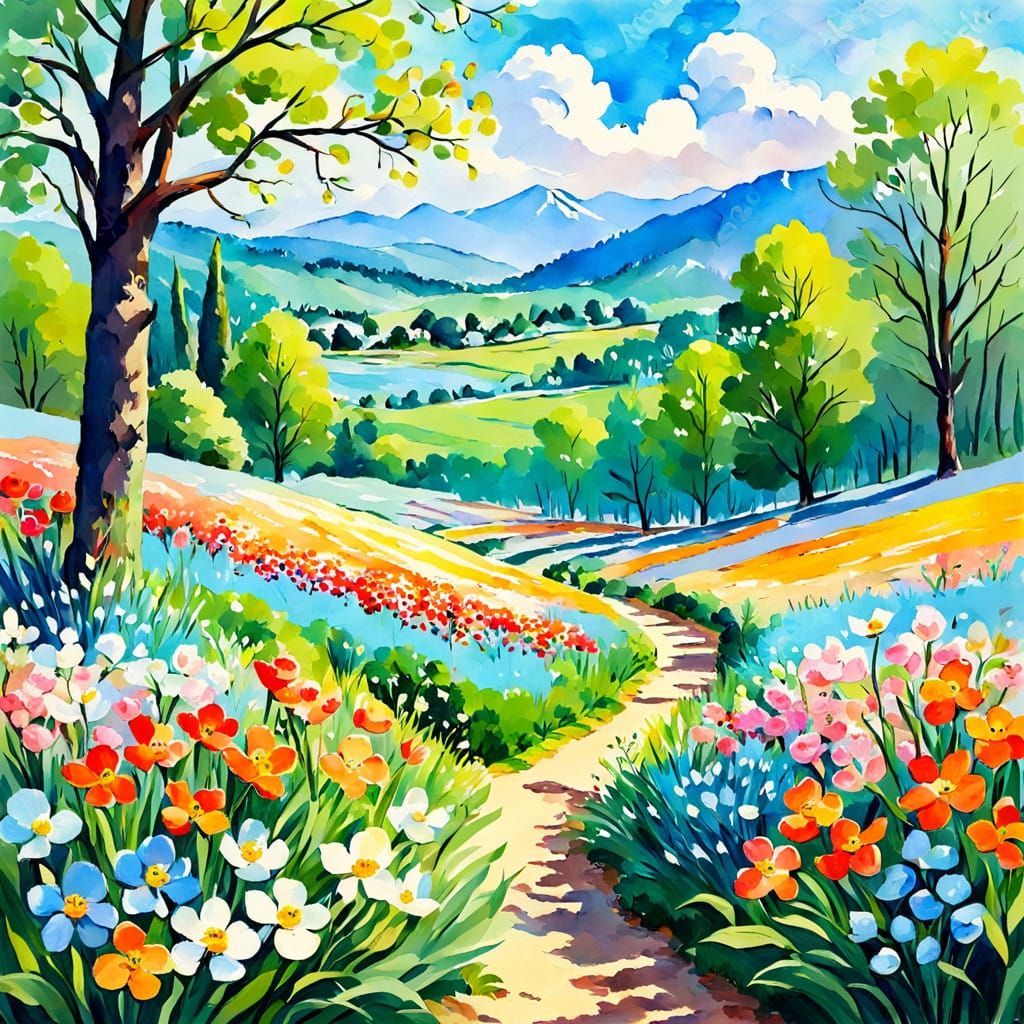 Vibrant Springtime Masterpiece in Gouache Impressionist Styl...