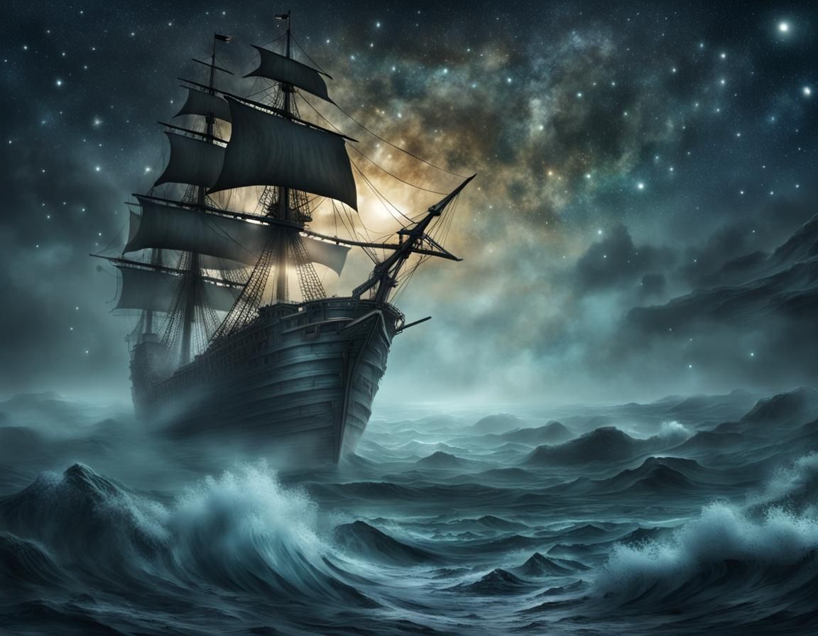 Ghost Pirate Ship Battles Wild Ocean