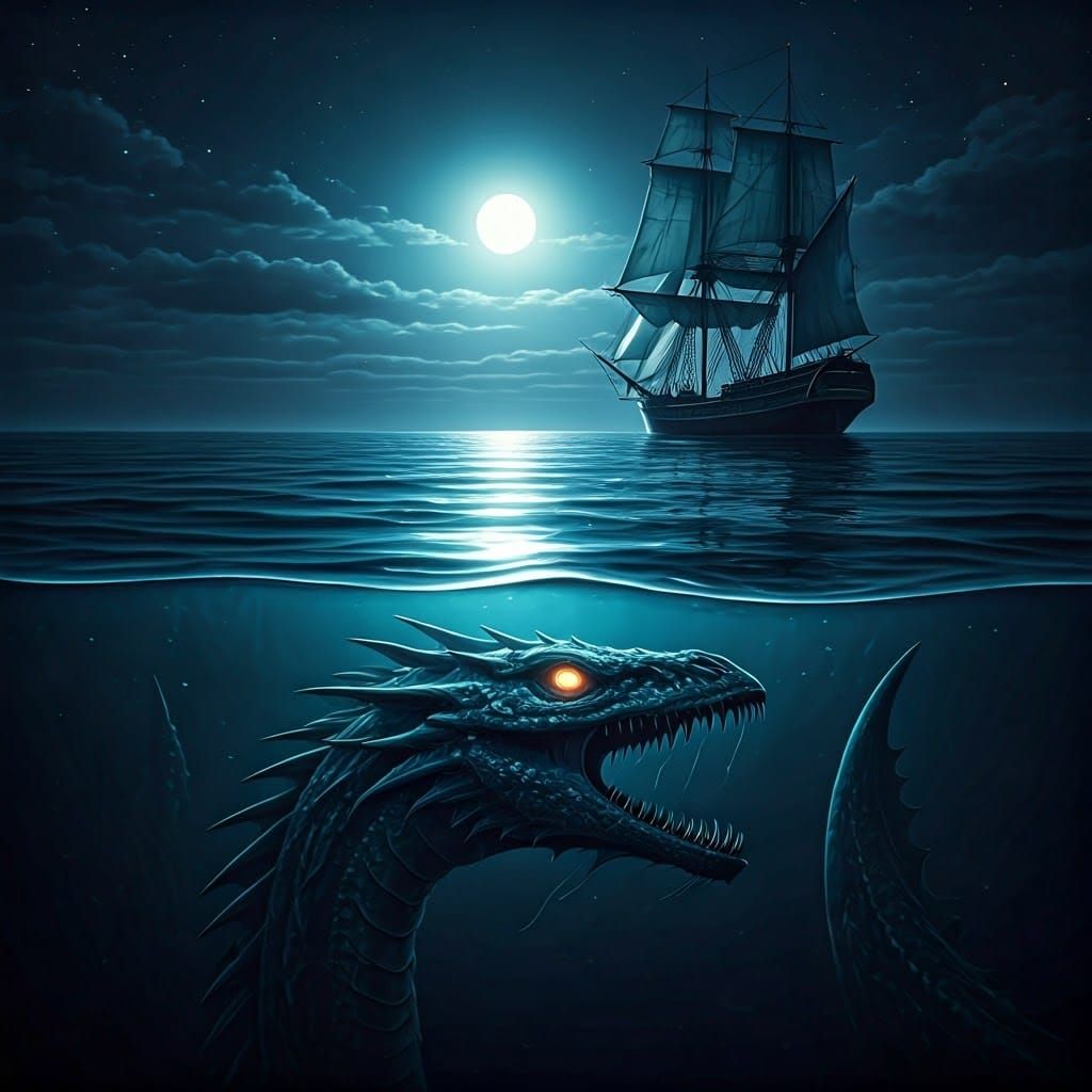 Sailing Ship Under Indigo Night Sky with Bioluminescent Sea...