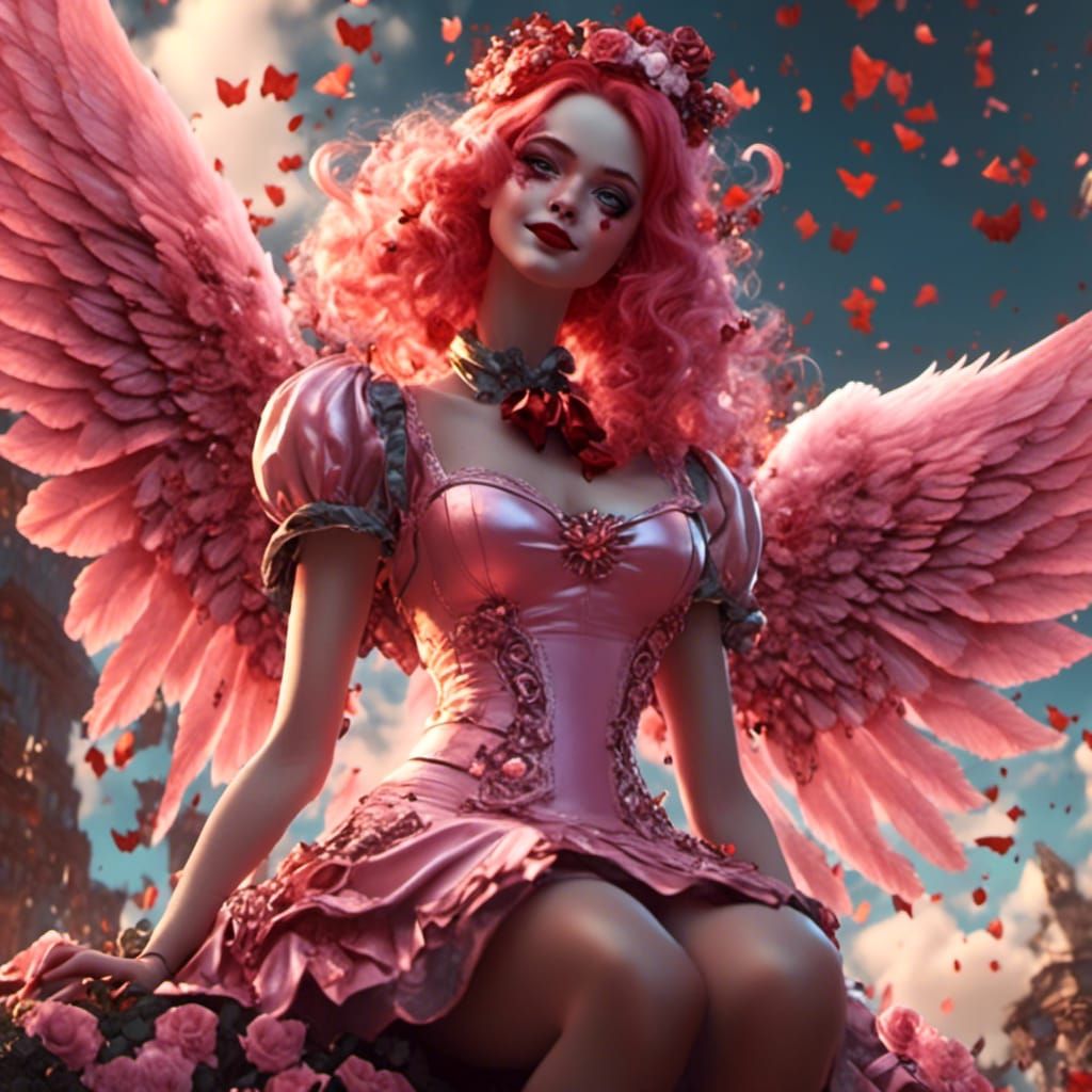 Steampunk Angel With Pink Wings in Pin-up Style