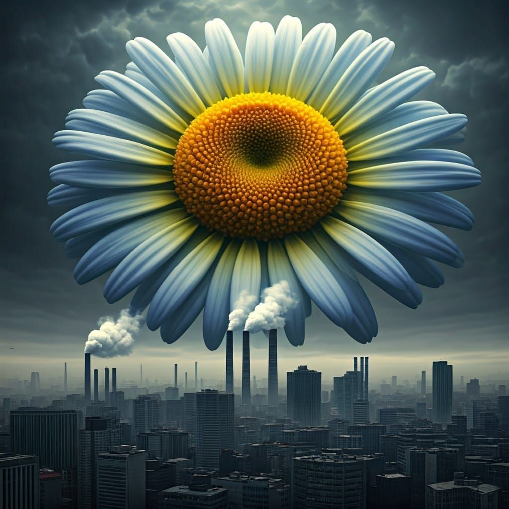Vibrant Hypermaximalist Daisy Towers Above a Polluted City