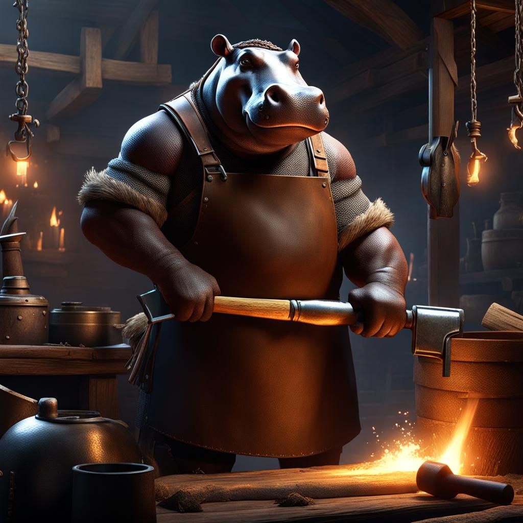 Hippo Blacksmith in Dark Fantasy Concept Art