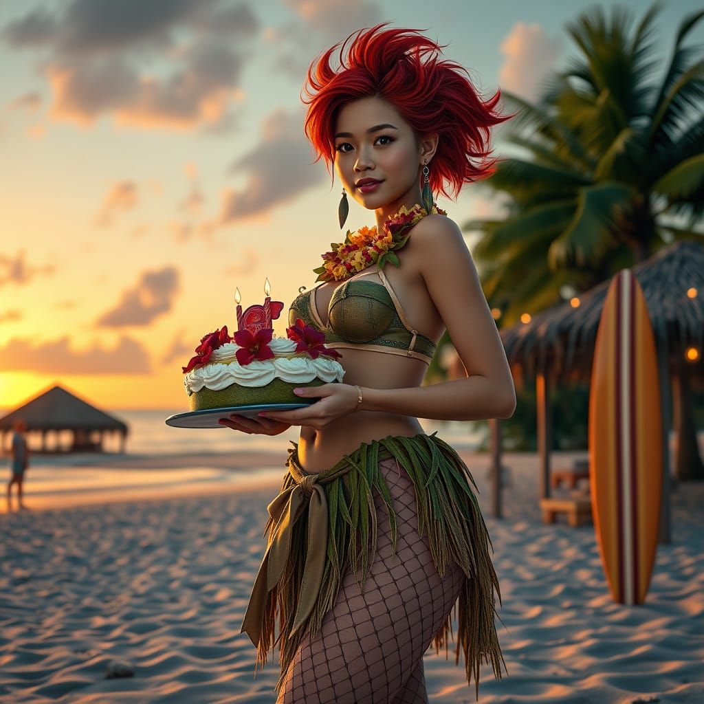 Futuristic Asian Woman on Hawaii Beach at Sunset