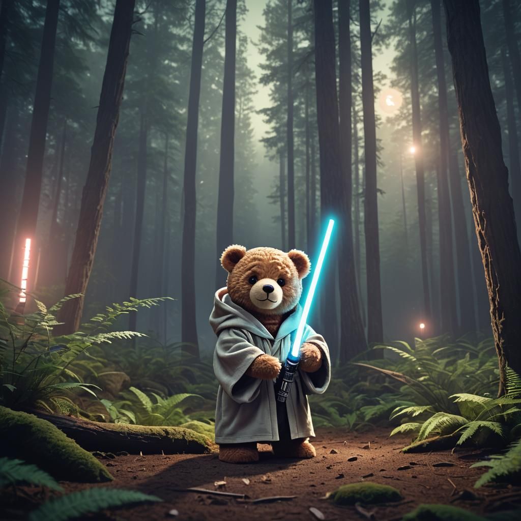 Teddy Bear Jedi Master in Moonlit Forest