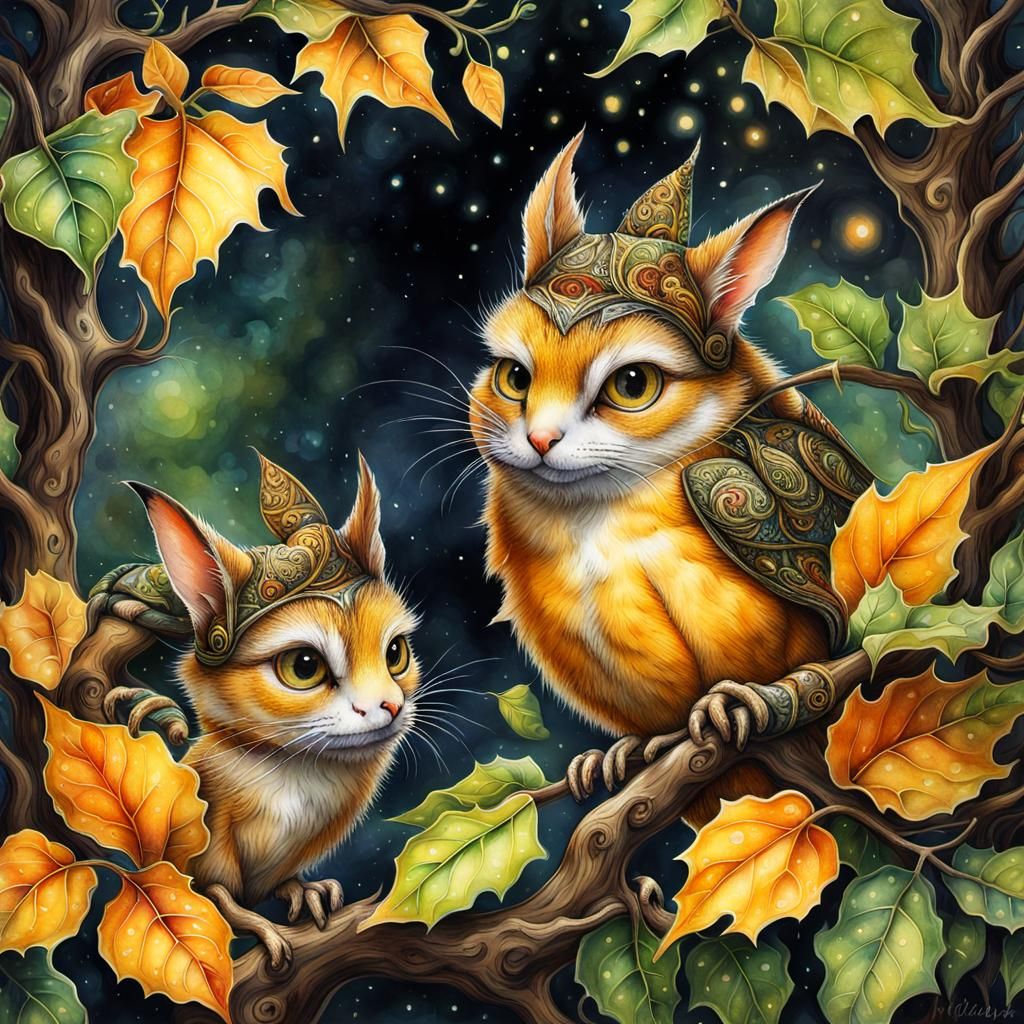 Surreal Maximalist Watercolor: Furry Minions in Forest