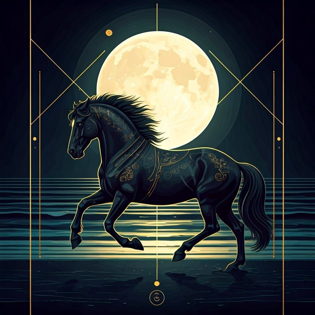 Mystical Black Horse Silhouetted Against Full Moon