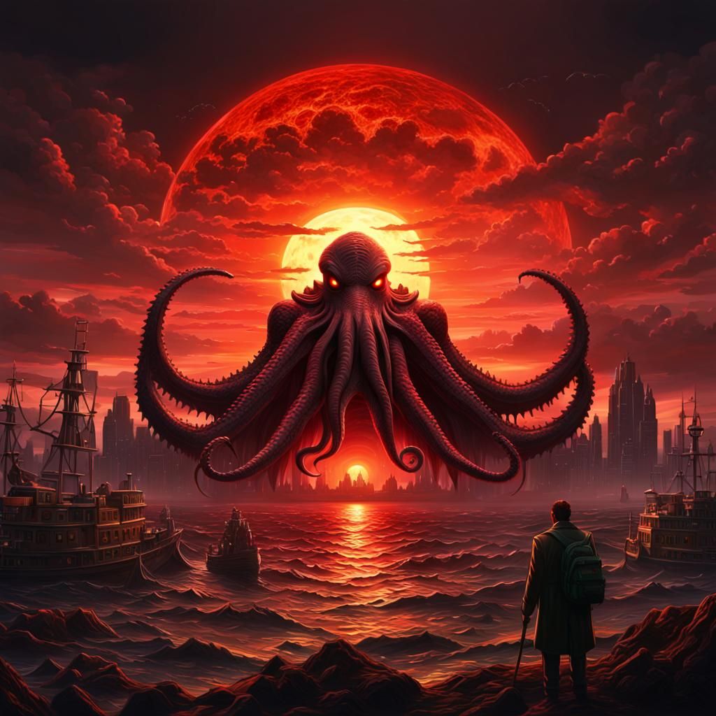 Cthulhu Silhouetted Against a Red Sunset