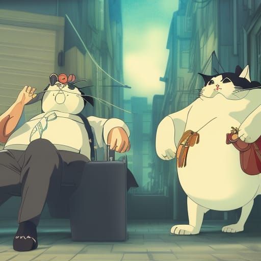 Anime Fat Cat with Money Bags