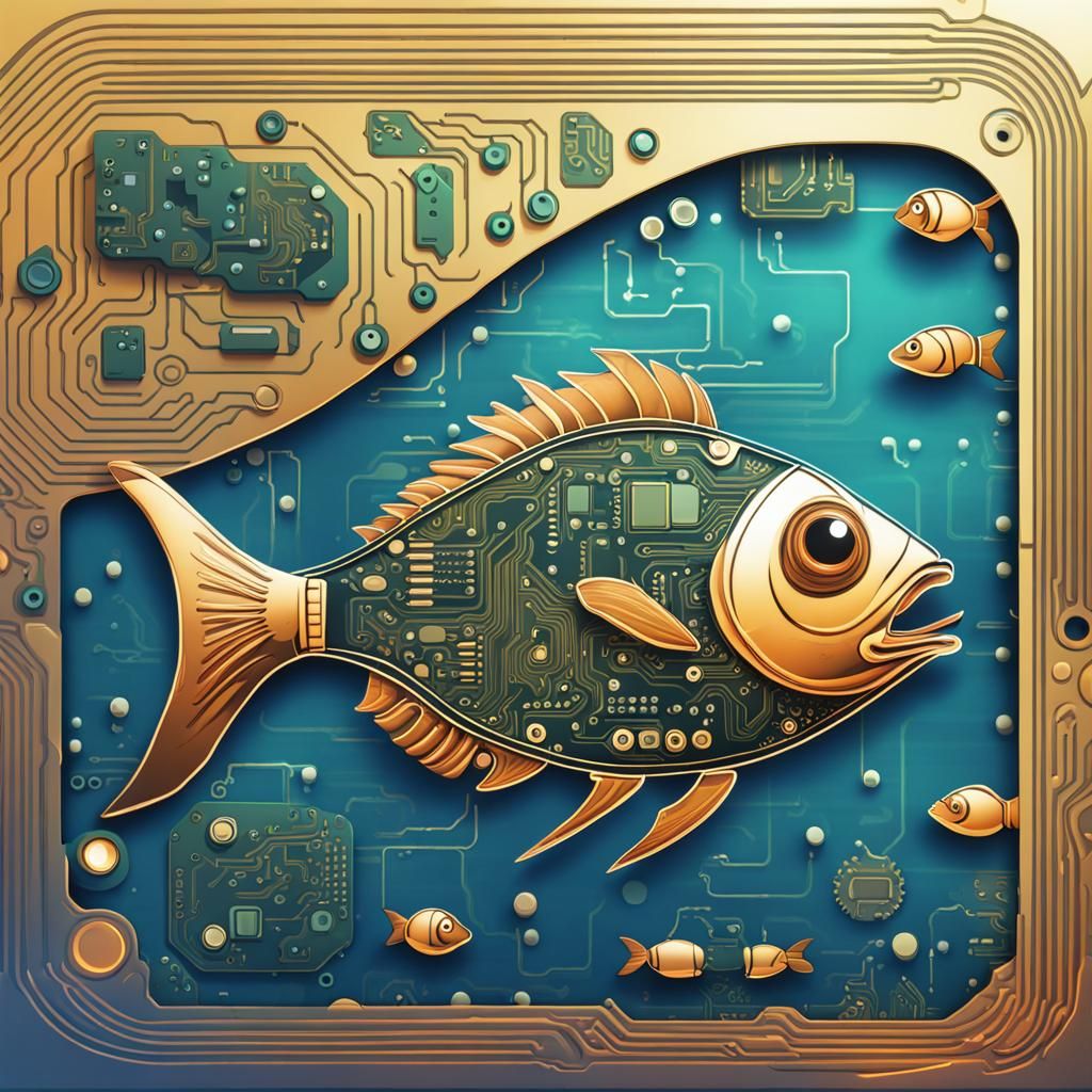 Cartoon Circuit Board Fish in Abstract Ocean