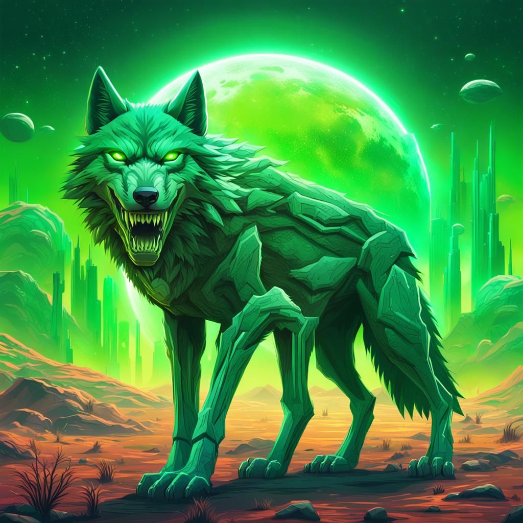 Fearsome Green Wolf on Alien Planet in Sci-Fi Style