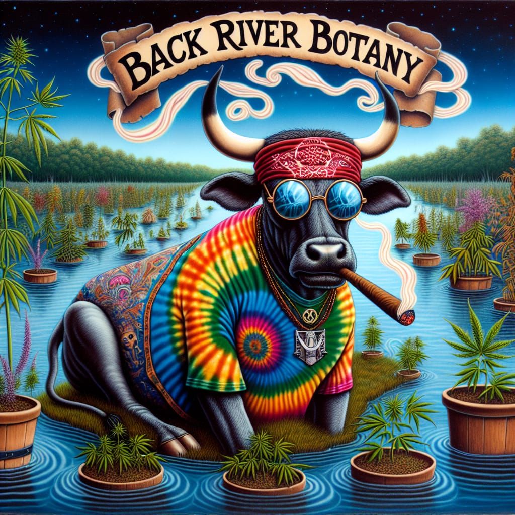 Whimsical Bull Celebrates in Marsh with Cannabis