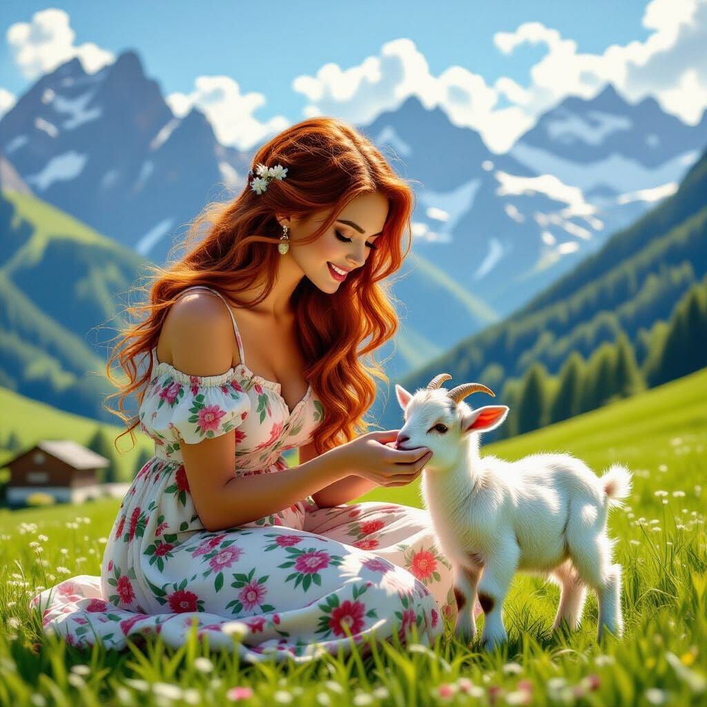 Woman with Red Hair Feeds Goat in Alps: Photorealistic Portr...