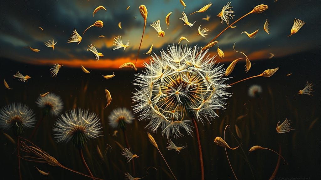 in ein löwenzahnfeld ein closeup einer pusteblume, der wind ...