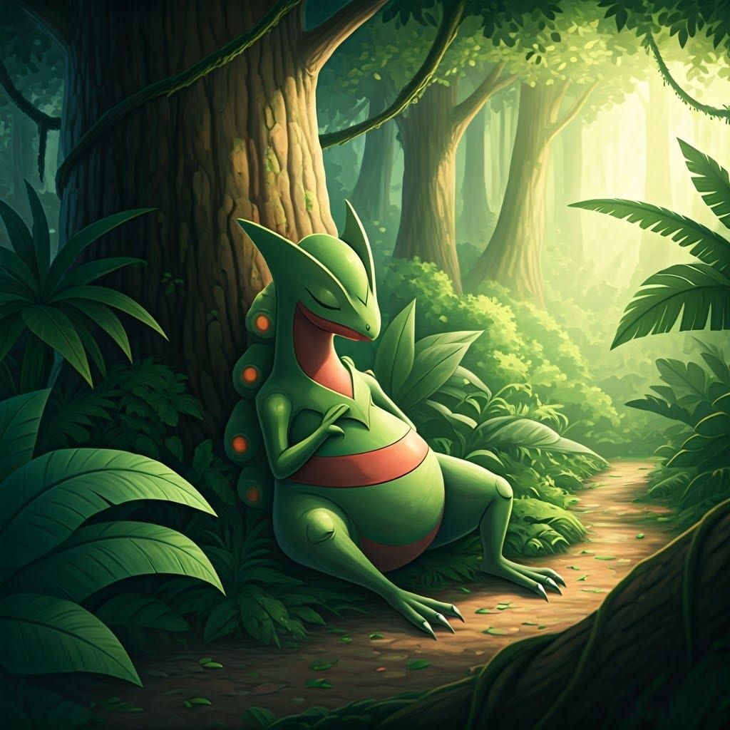 Sceptile Sleeping Peacefully in Lush Jungle, Ghibli-esque