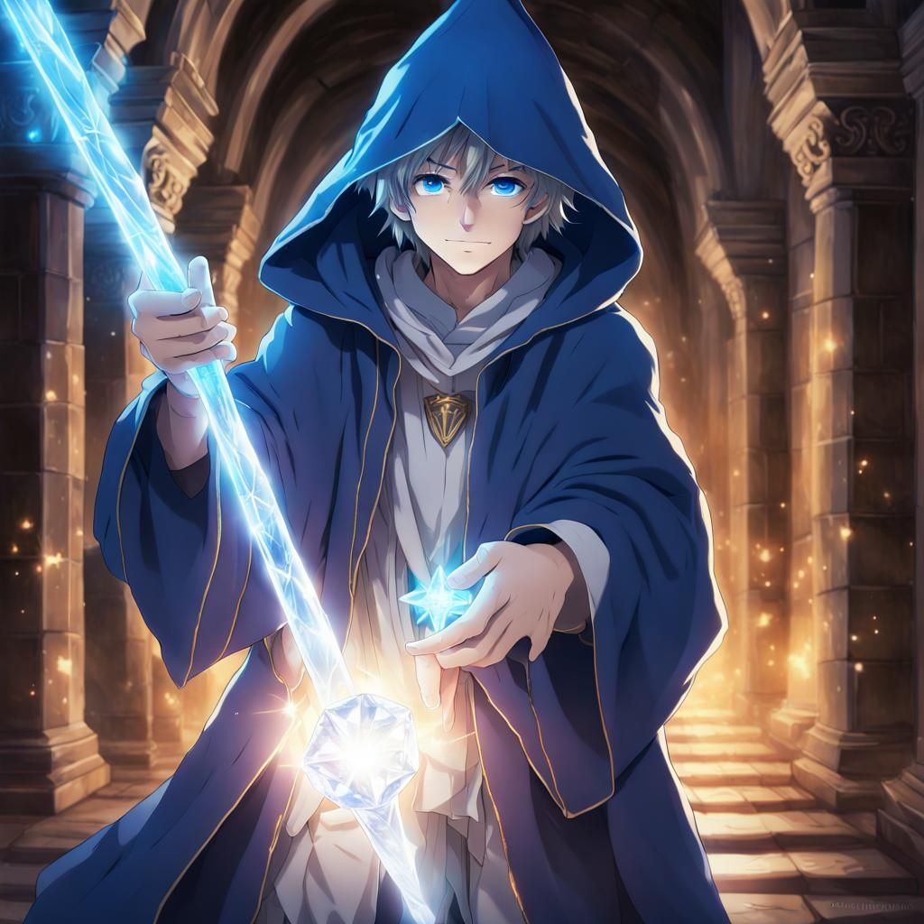 A blue mage holding his crystal staff.