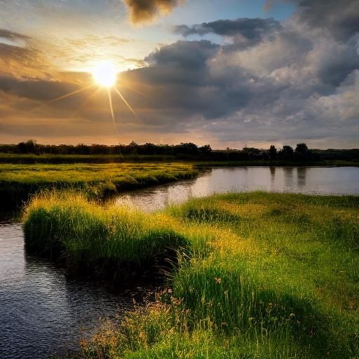 Sunset River Scene with Wildflowers and Bench