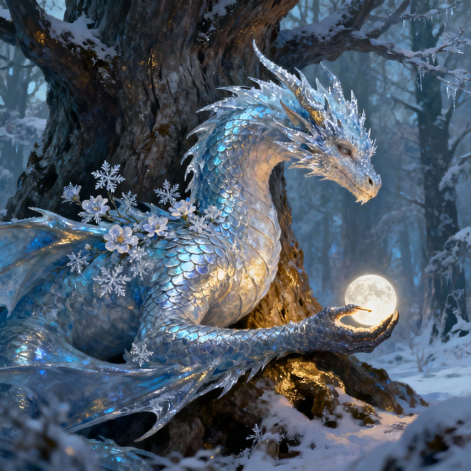 Majestic Ice Dragon and Ancient Tree in Frozen Forest