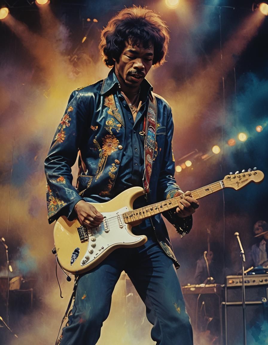 Jimi Hendrix on Stage: Vibrant Triadic Oil Painting
