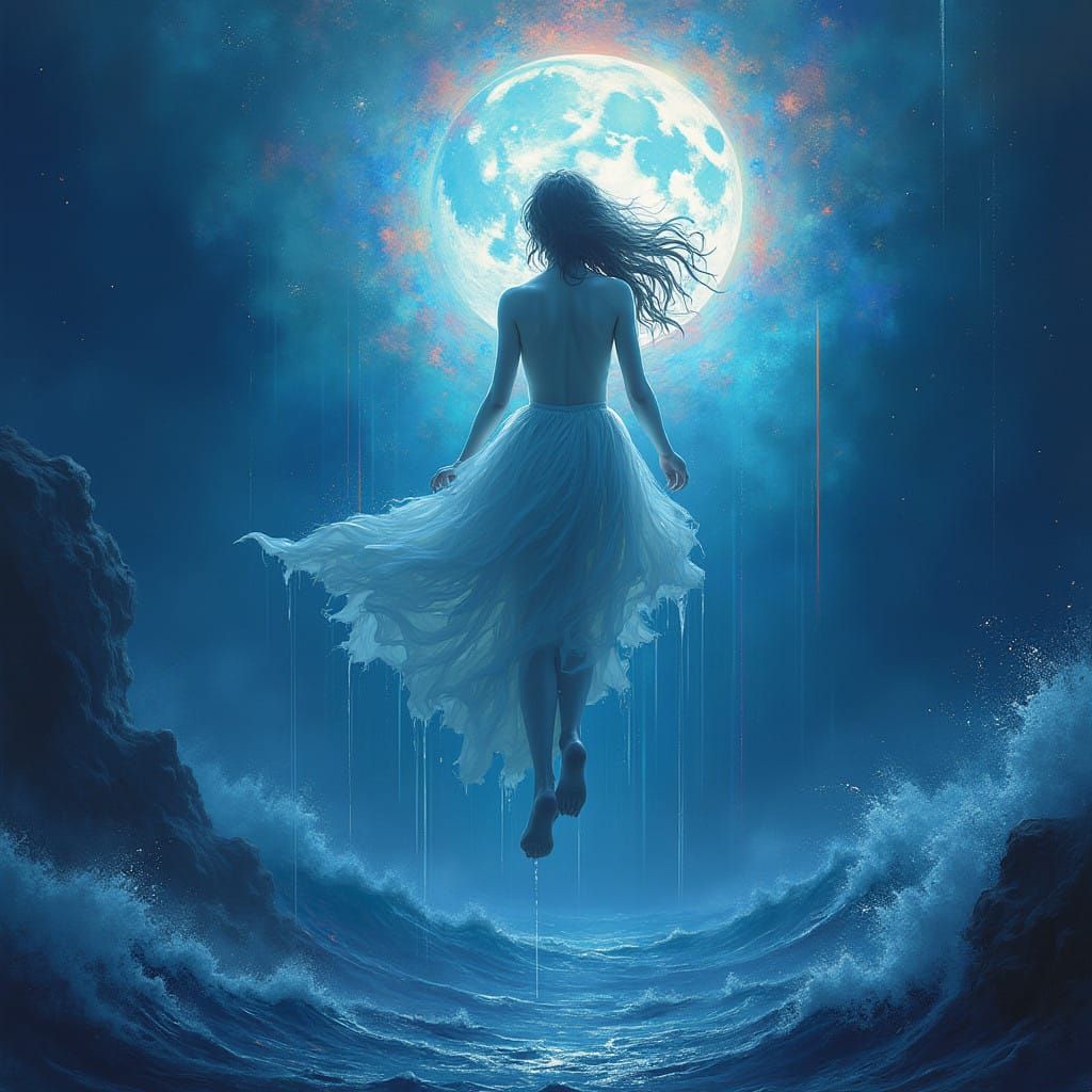 Ethereal Figure in Turbulent Waves, Iridescent Glow