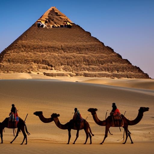 Giza Pyramids and Camels at Sunset