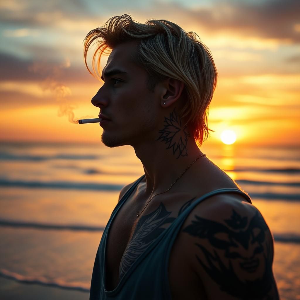 Tattooed Man at Sunset: Cinematic Film Still