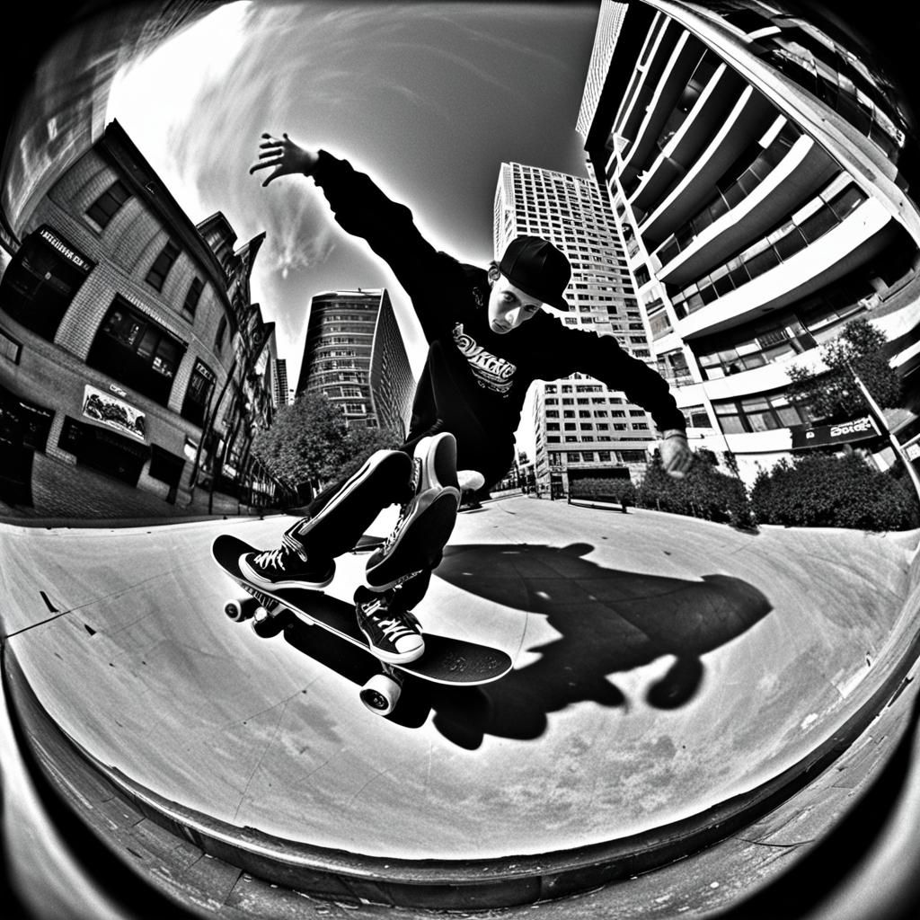 90s Urban Skateboarder Fisheye Lens Photo