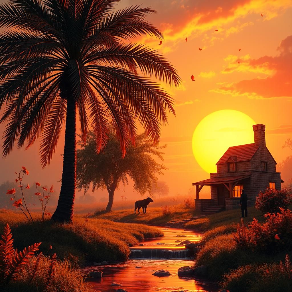 Dreamlike Sunset Scene with Palm, Wolf, and Pig
