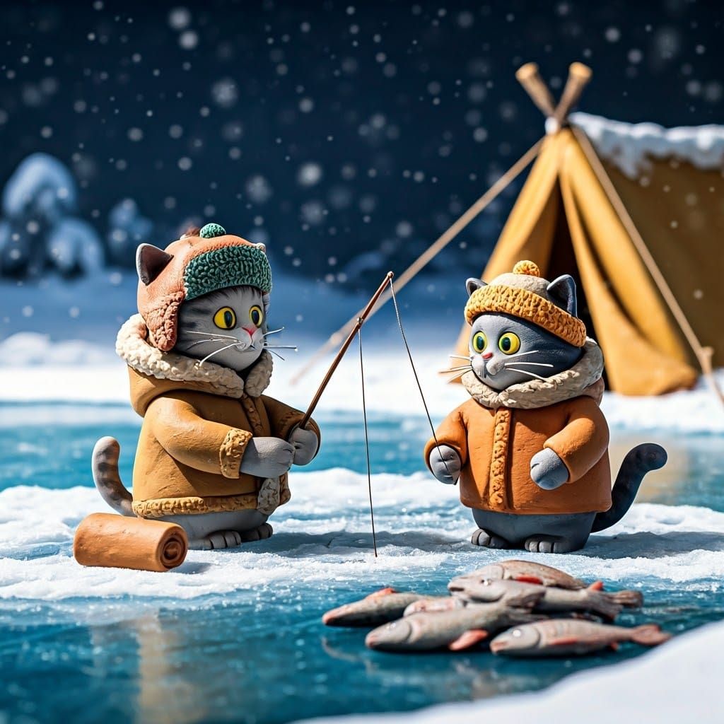 Charming Claymation Cats Enjoy Winter Ice Fishing Adventure