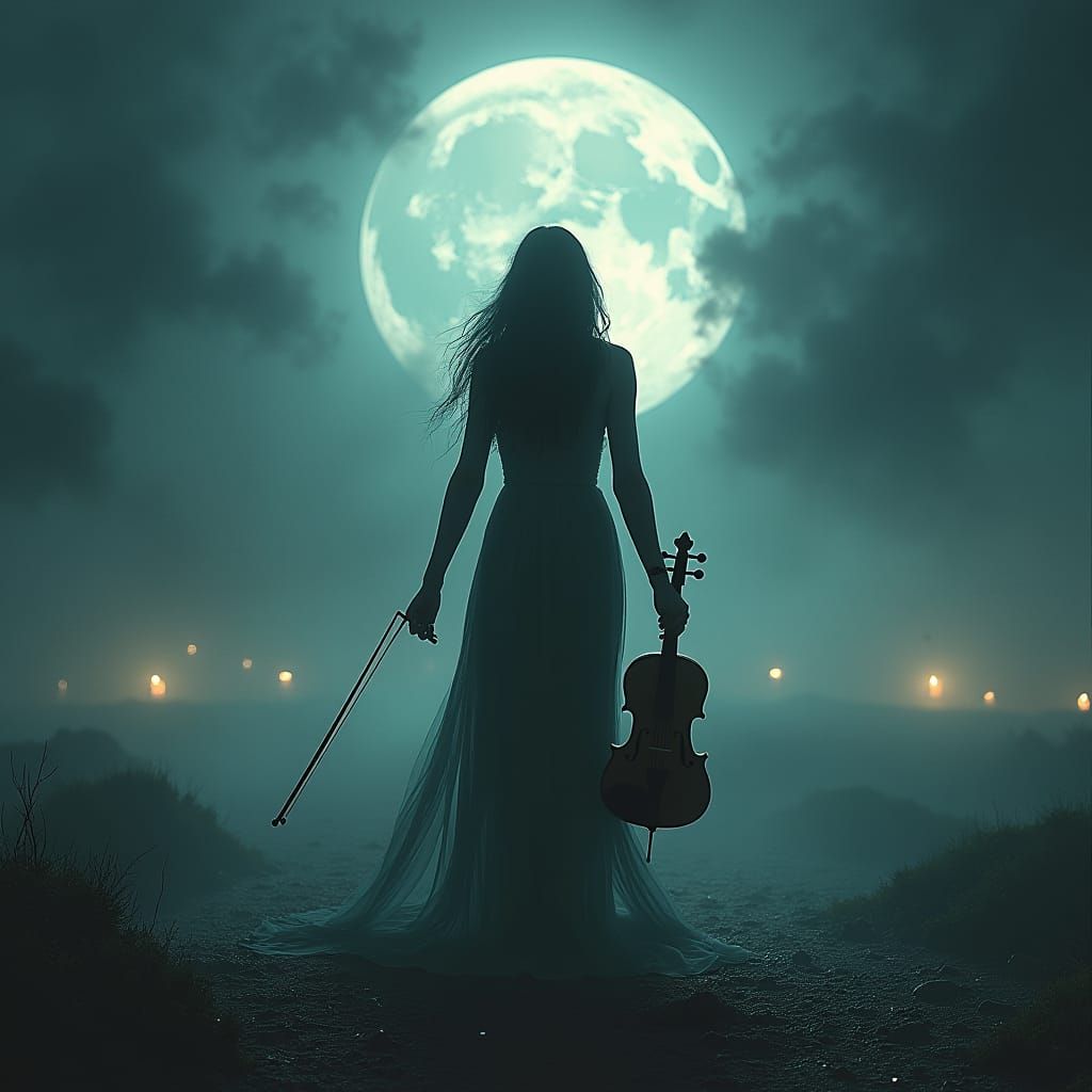 Mystical Woman with Violin in Dark Fantasy Landscape