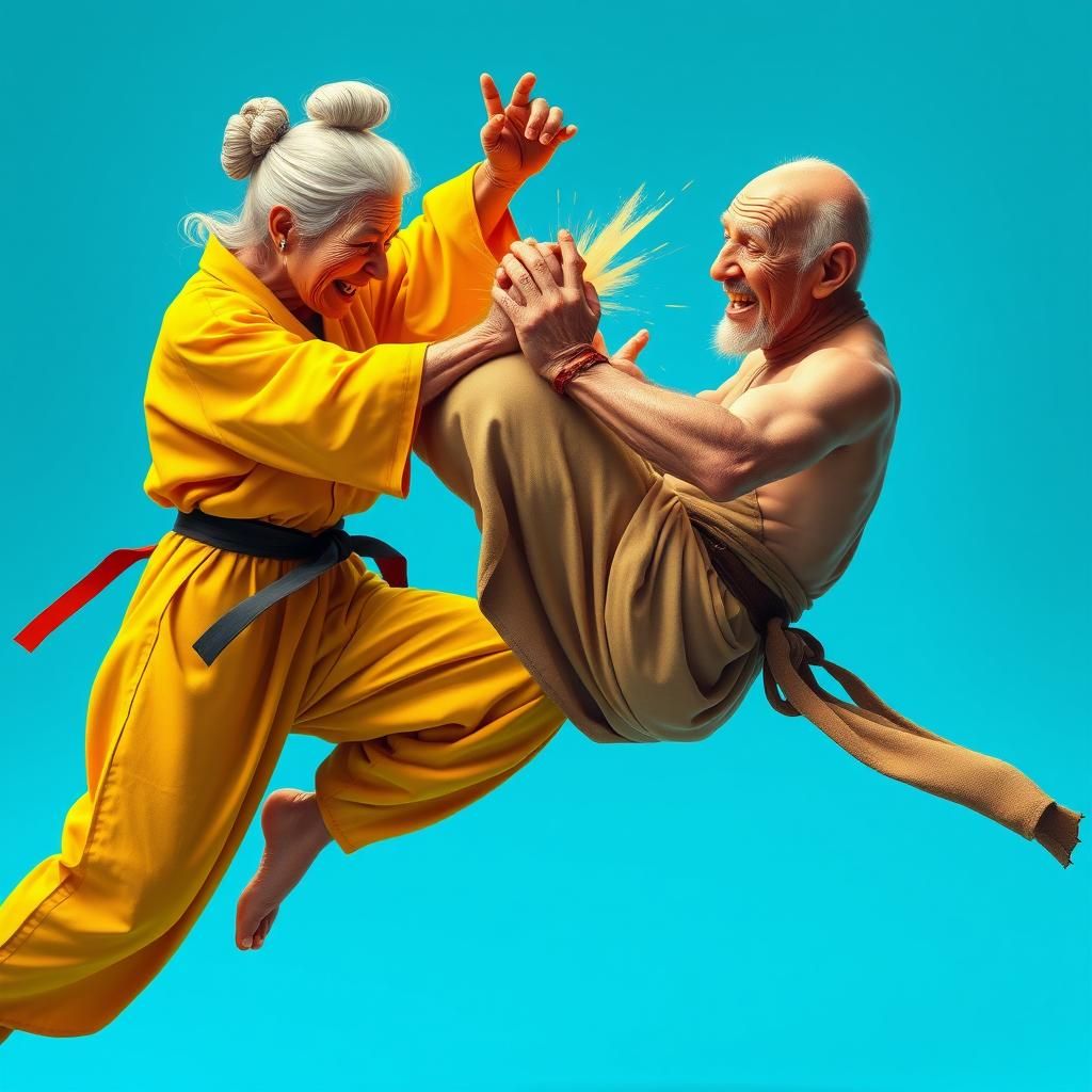 Elderly Martial Artists Sparring in Vibrant 3D Concept Art