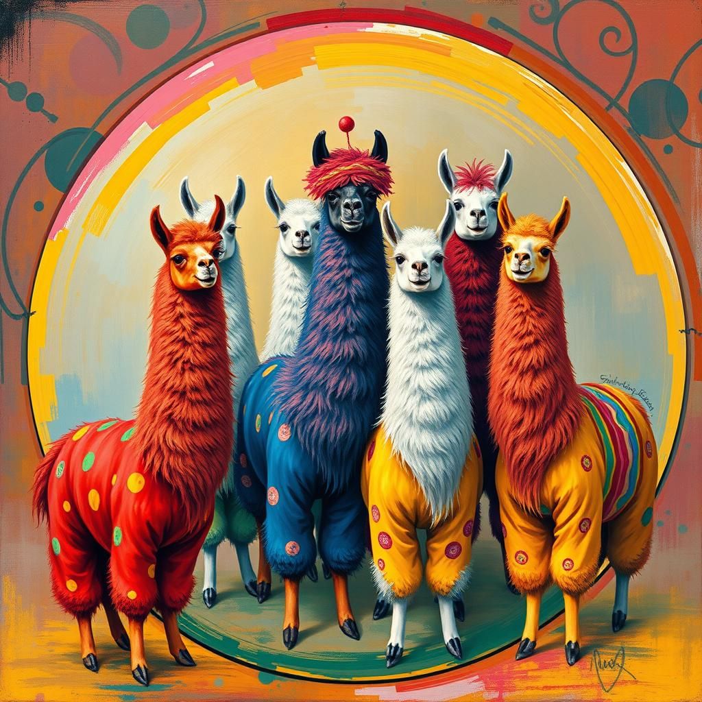 Llamas in Pajamas Dreamlike Circle, Art Nouveau Style