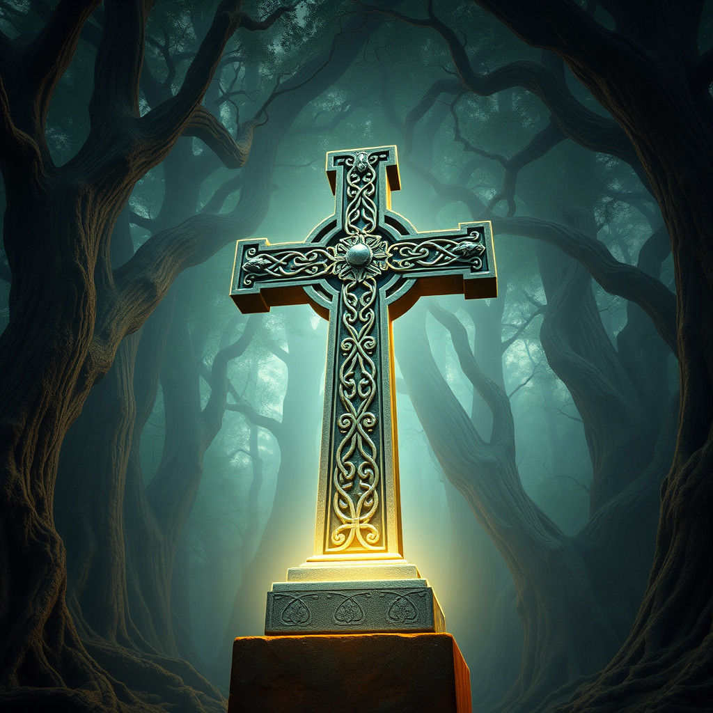 Majestic Celtic Cross in Ancient Forest