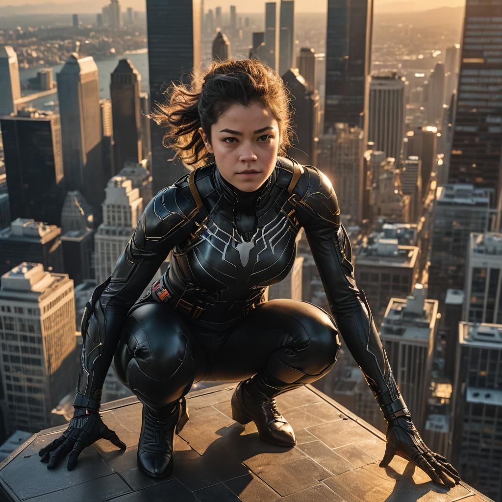 Symbiote Costume on Skyscraper at Golden Hour