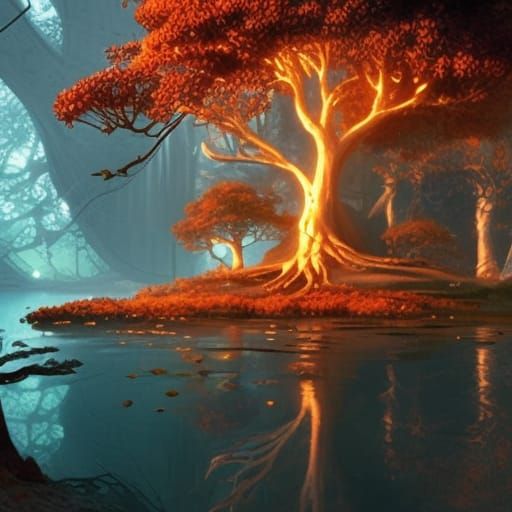 Tree of Life: Hyperdetailed Concept Art in Orange and Teal