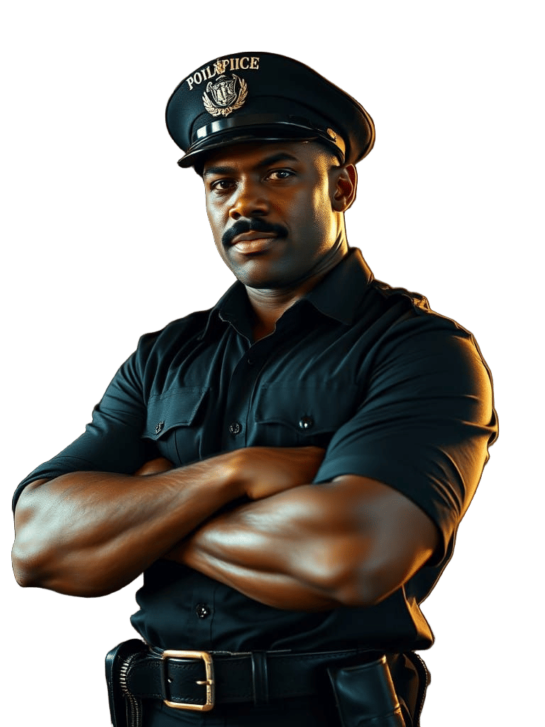 Defiant Policeman with Mustache in Cinematic Style