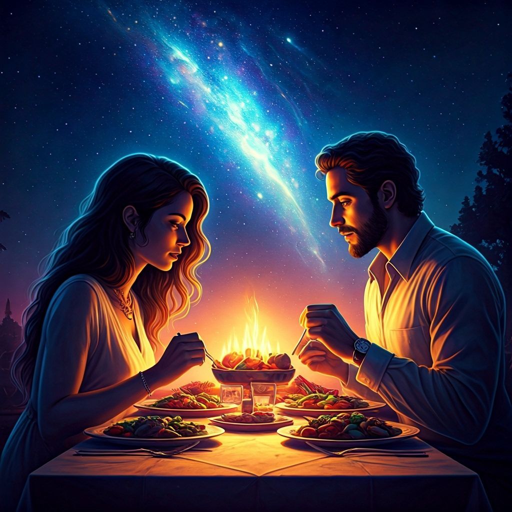 Interracial Couple Dining Under a Starry Night Sky