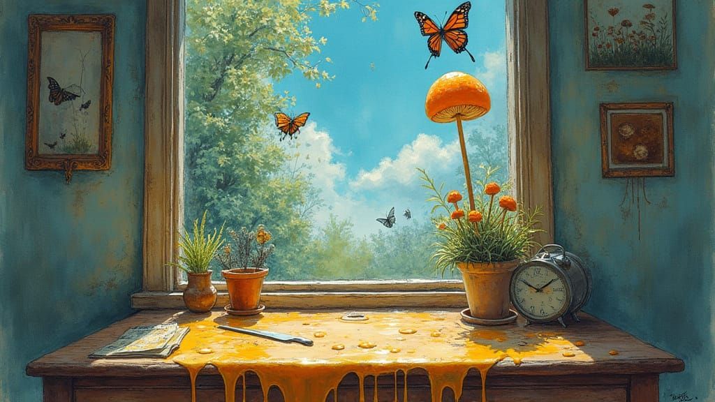 Surreal Window View with Mysterious Figure