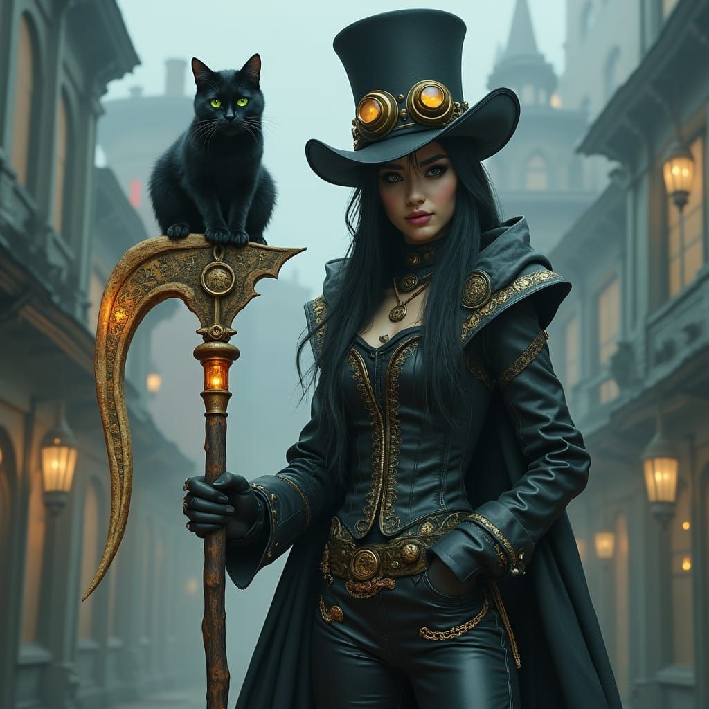 Steampunk Witch with Cat Staff in Foggy Cityscape