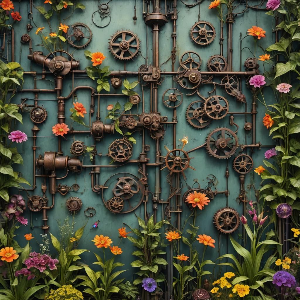 Mechanical Metal Garden with Clockwork Plants