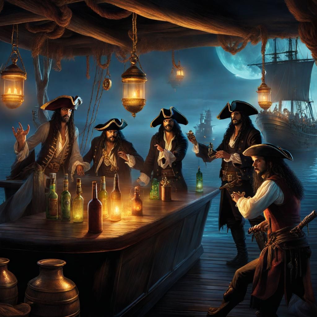 Ghost Pirates Haunt Dockside Bar with Spectral Ships