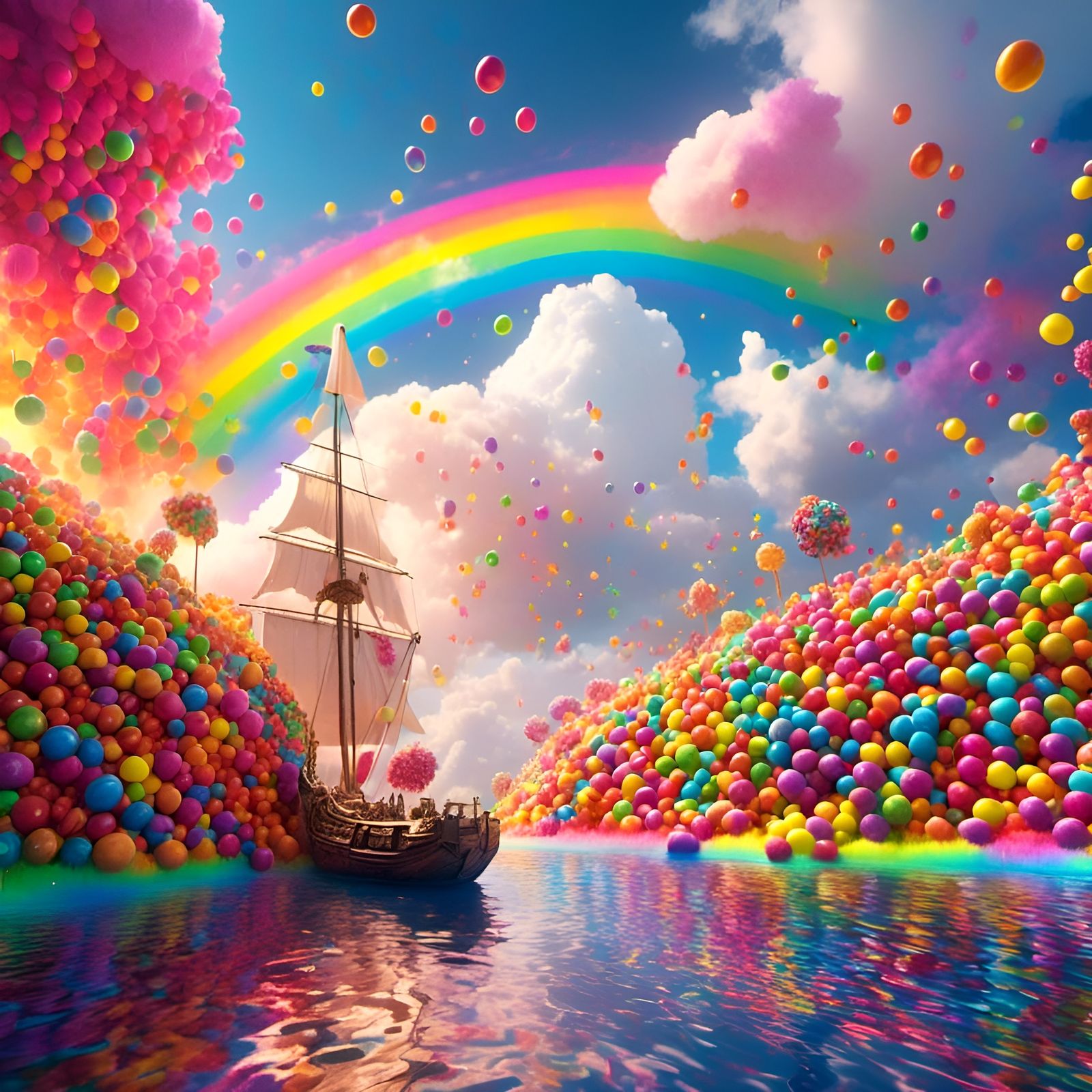 Candy Sailboat Navigates Rainbow Skittles Rain