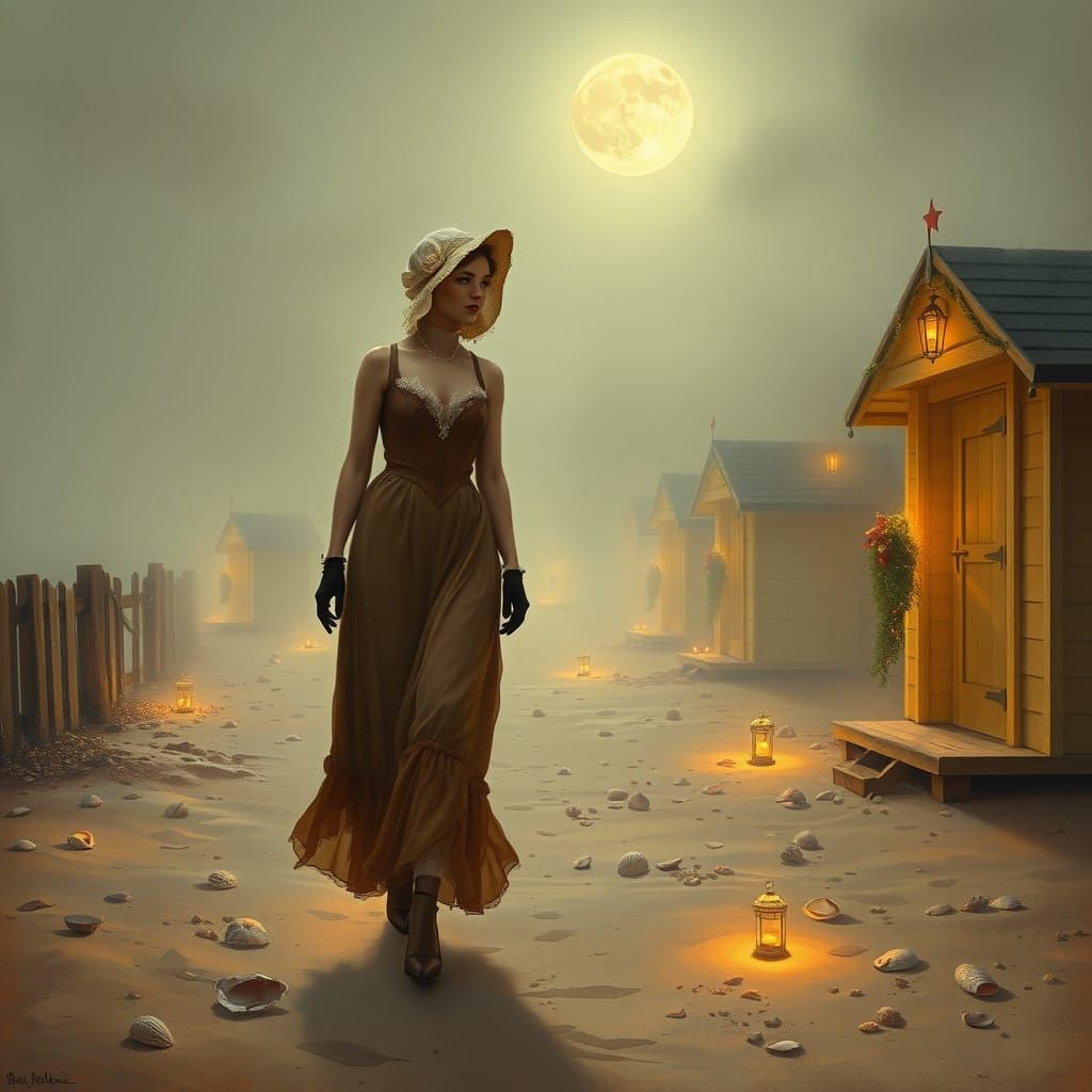 Victorian Christmas Beach Scene in Golden Oil Painting Style