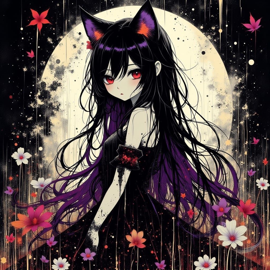 80s Anime Cheshire Cat Girl in Dark Fantasy Style