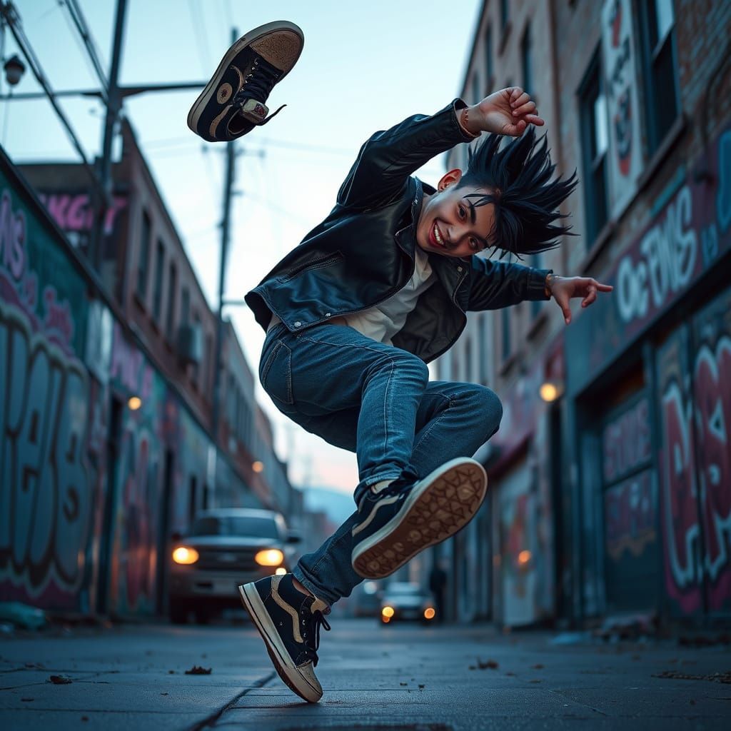 Teen Breakdancer in City Street at Dusk