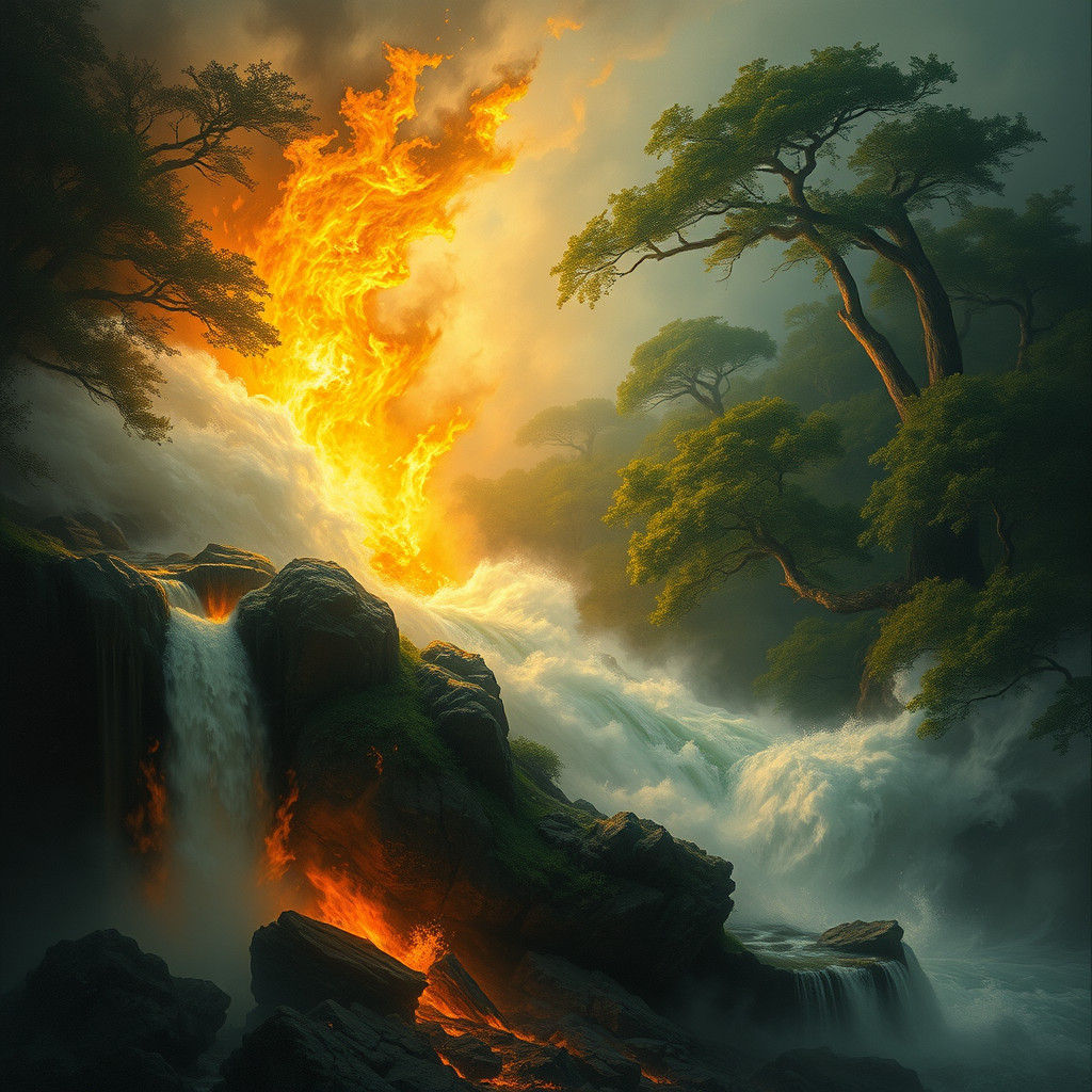 Majestic Elemental Convergence: Fire, Water, Forest, Wind