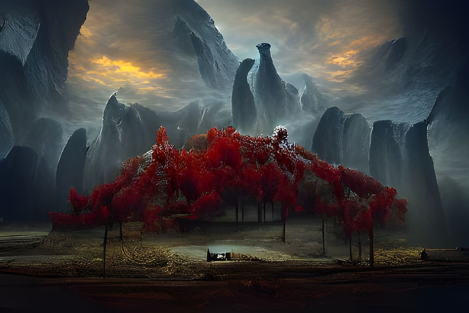 Dark Ancient Oak with Blood-Red Leaves