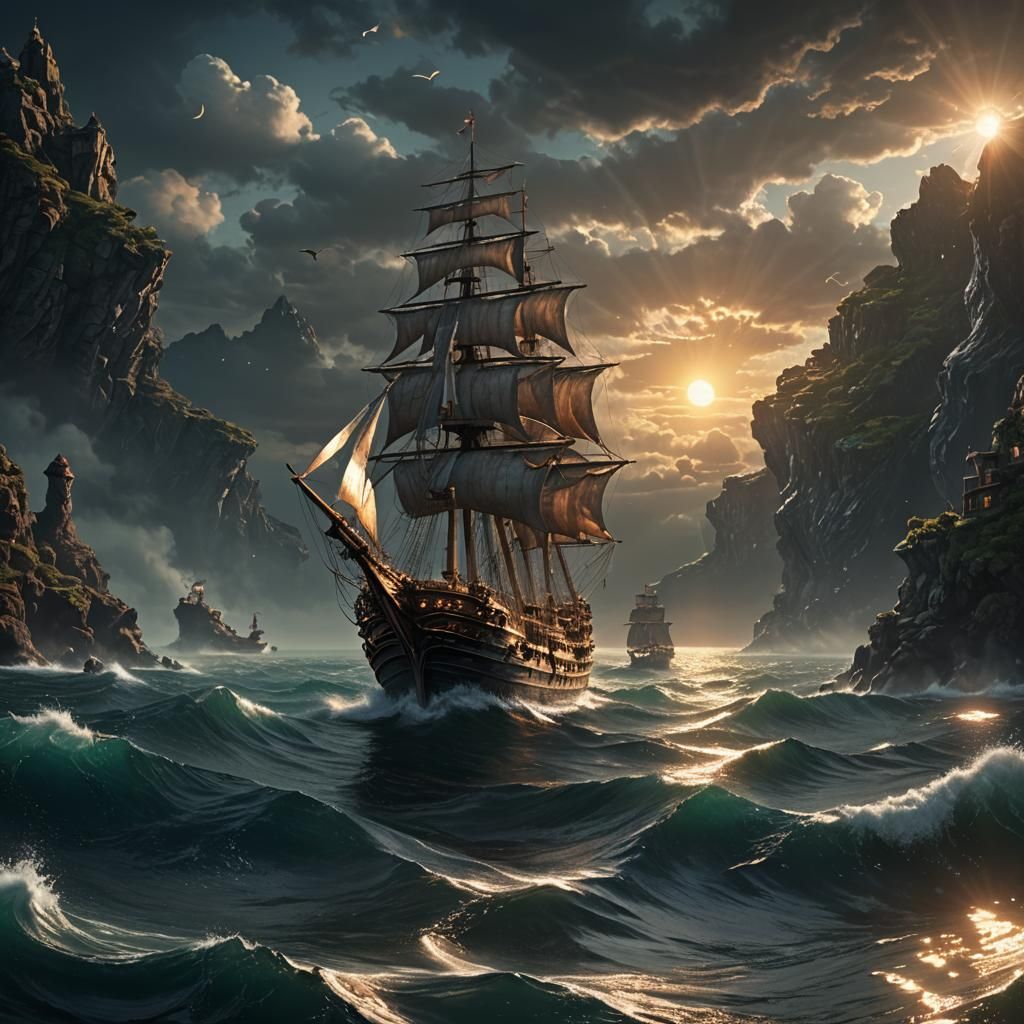 Ship on Dark Sea with Mermaids: Digital Painting