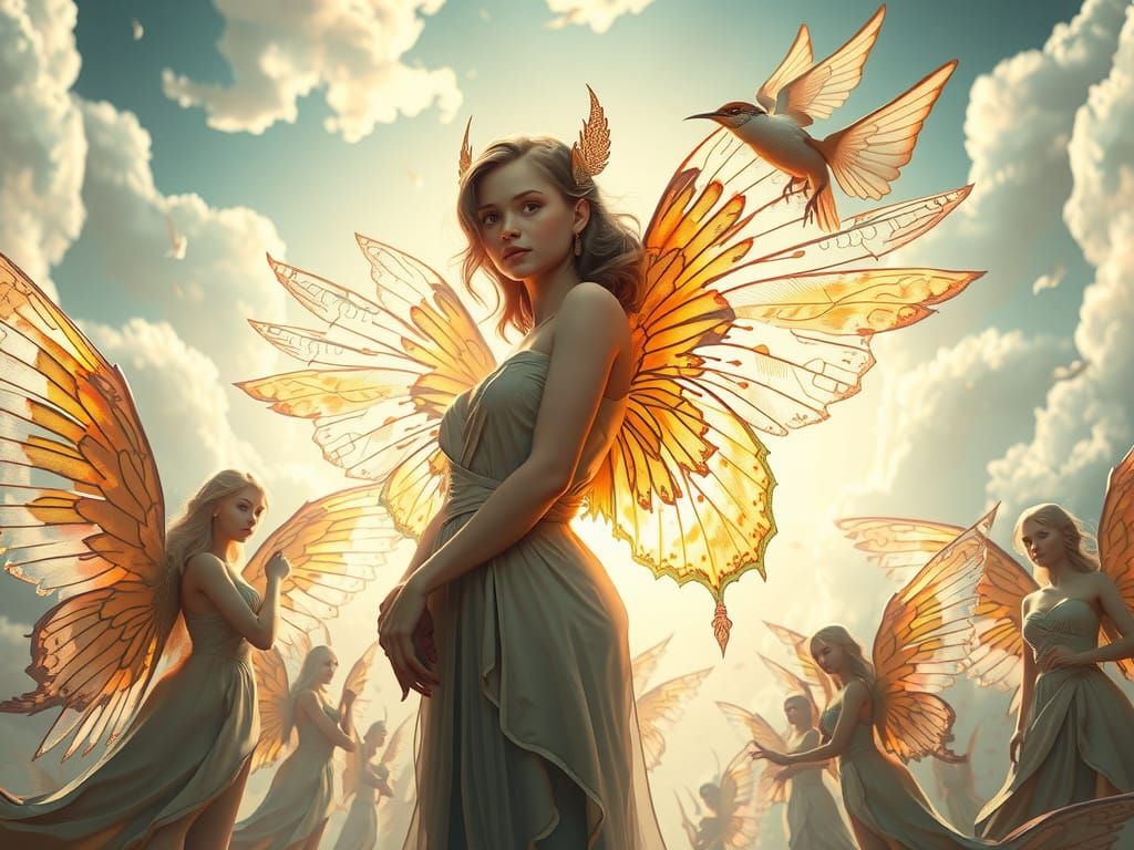 Winged Beings with Intricate Wings in Photorealistic Style