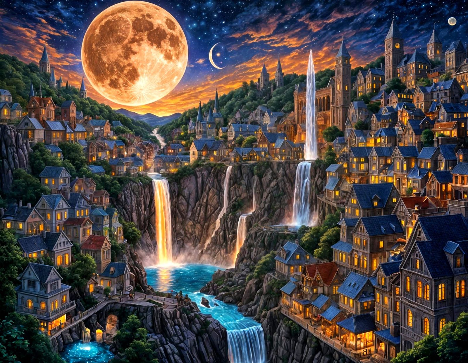 Prismatic Waterfall City Under Supermoon Sky