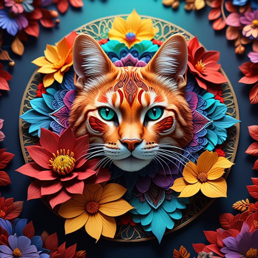 Vibrant Hyperrealistic Art of Cats in a Star-Shaped Mandala ...